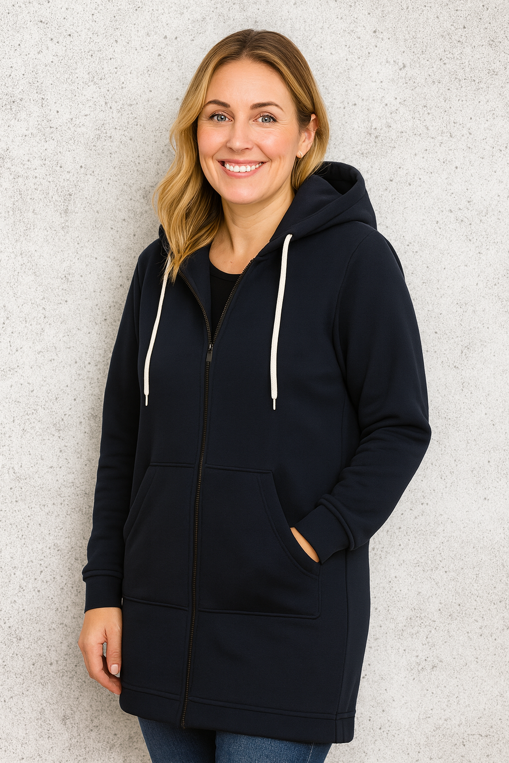Rivière d’Or Lange Jas – Relaxed Fit Katoenmix – Capuchon met Rits & Patchzakken – Dames