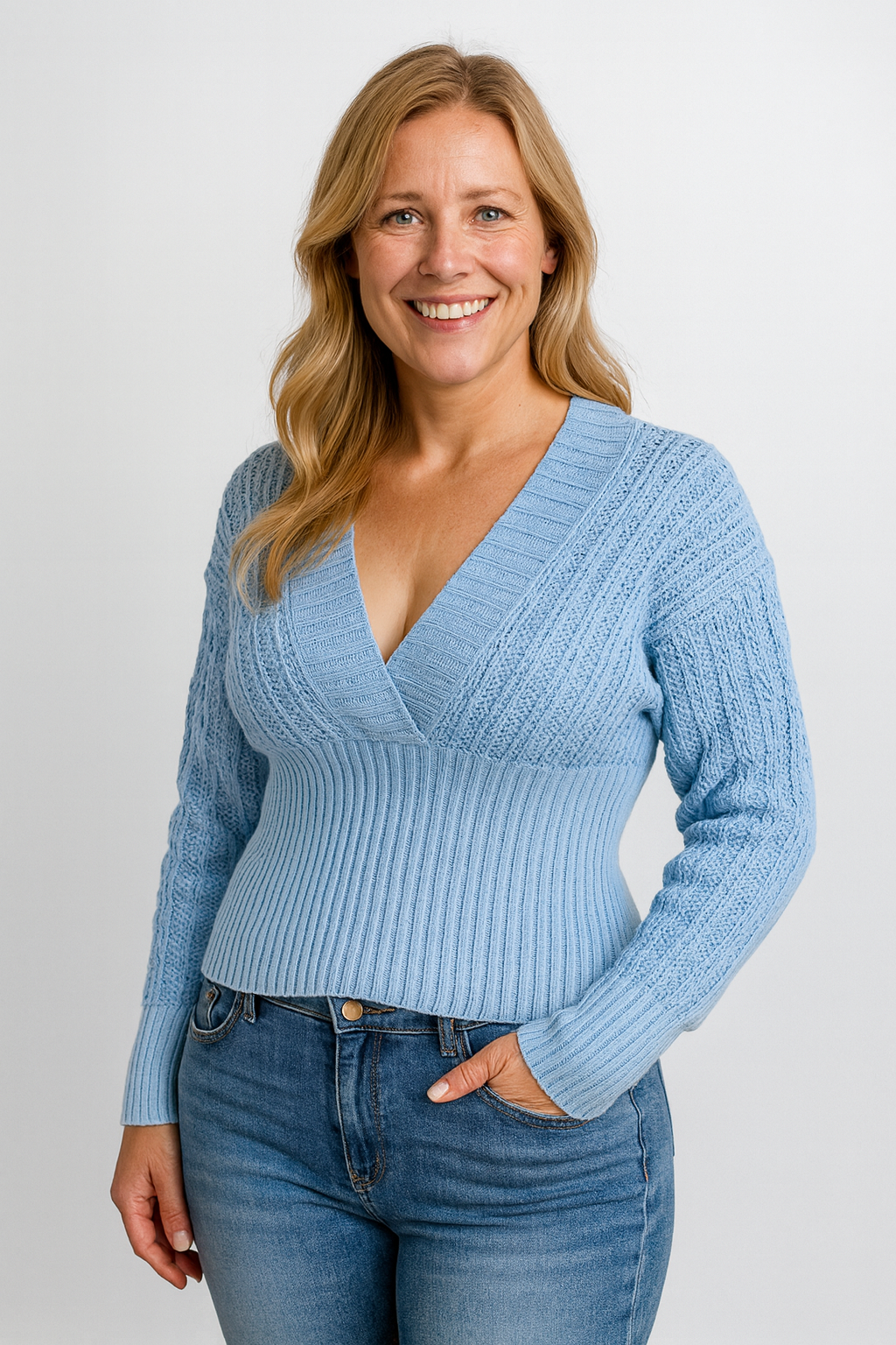 Rivière d’Or – Dames Gebreide Top – Slim Fit – Diepe V-Hals – Opengewerkte Mouwen