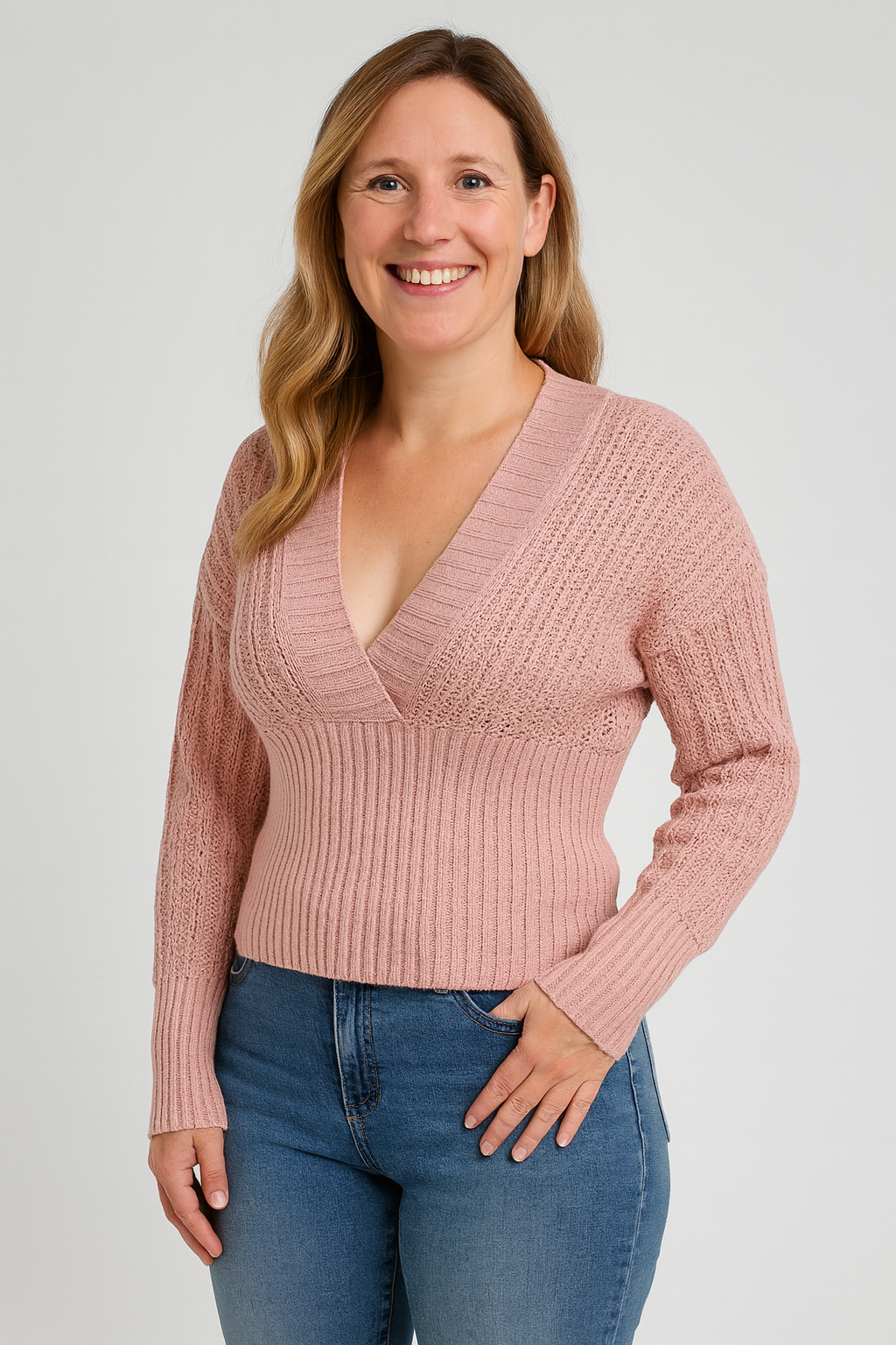 Rivière d’Or – Dames Gebreide Top – Slim Fit – Diepe V-Hals – Opengewerkte Mouwen