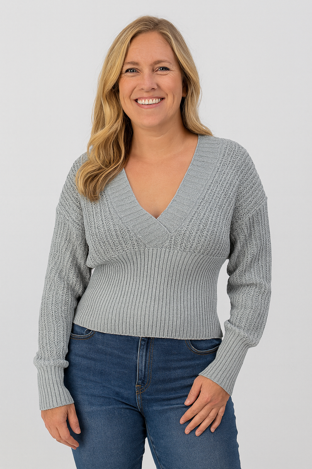 Rivière d’Or – Dames Gebreide Top – Slim Fit – Diepe V-Hals – Opengewerkte Mouwen