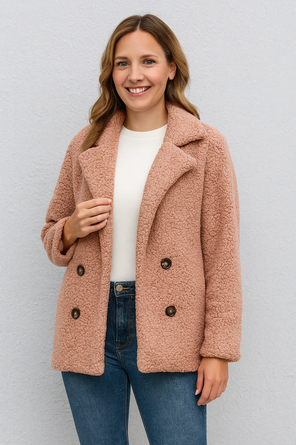 Rivière d’Or Oversized Jas – Fuzzy Textuur – Relaxed Fit met Revers & Knopen – Dames