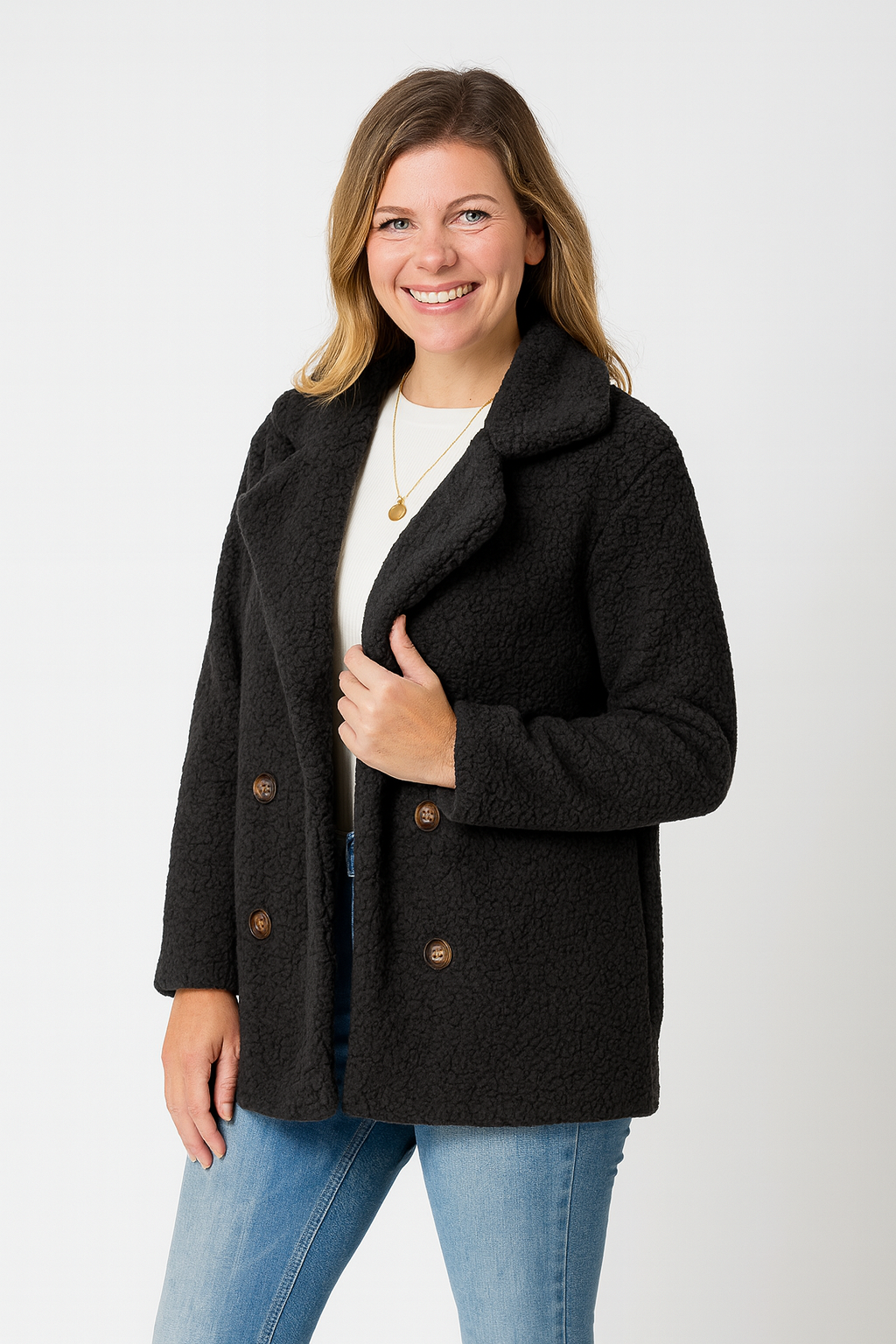 Rivière d’Or Oversized Jas – Fuzzy Textuur – Relaxed Fit met Revers & Knopen – Dames