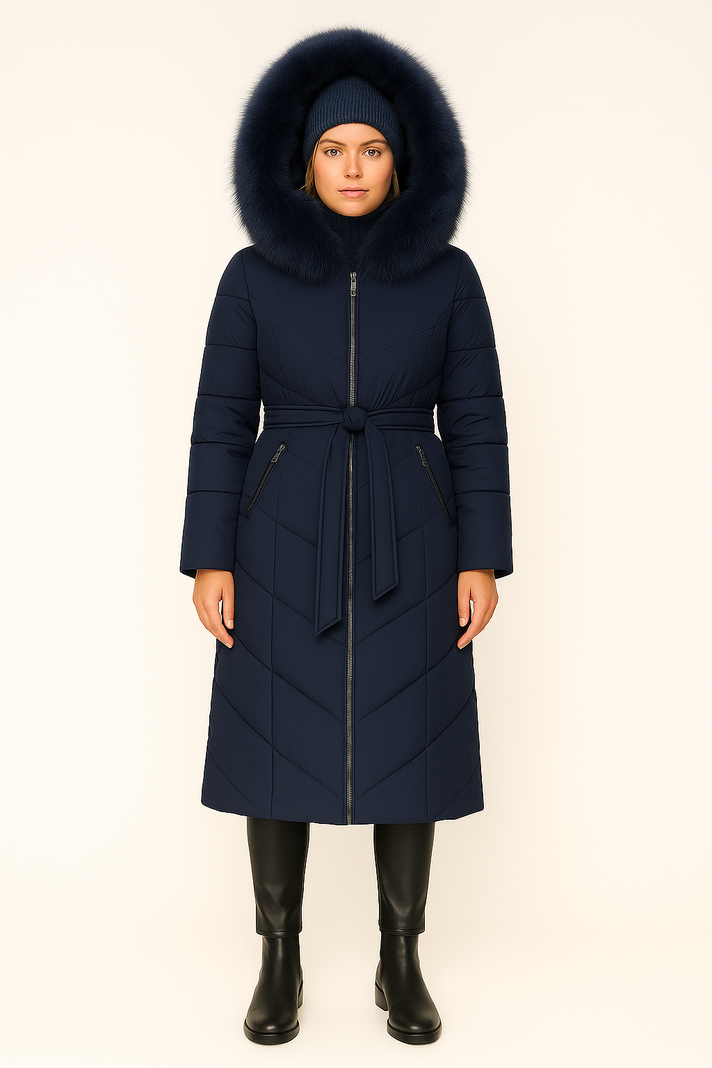 Rivière d’Or Puffer Jas – Lang Gewatteerd – Capuchon met Imitatiebont – Dames
