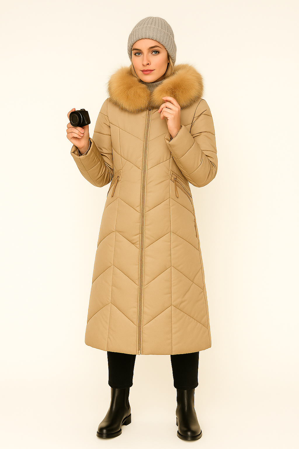Rivière d’Or Puffer Jas – Lang Gewatteerd – Capuchon met Imitatiebont – Dames